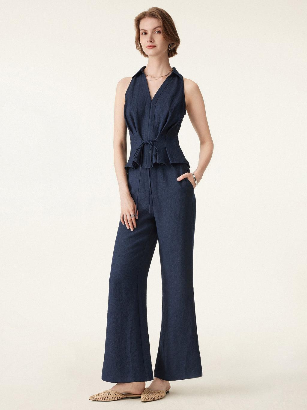 2Pcs Set Collared V-neck Sleeveless Top & Mid Rise Flared Pant with Pockets