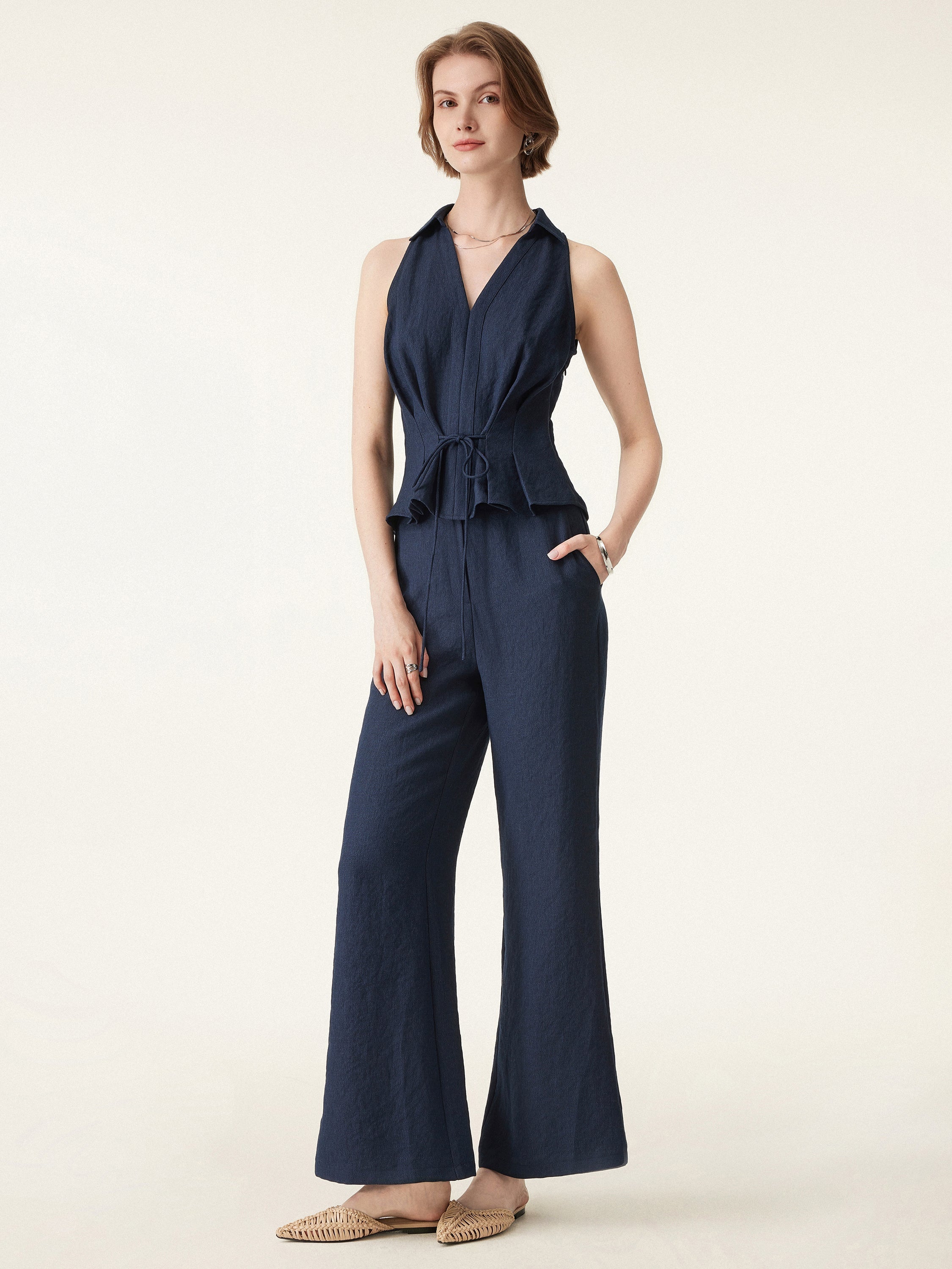 2Pcs Set Collared V-neck Sleeveless Top & Mid Rise Flared Pant with Pockets
