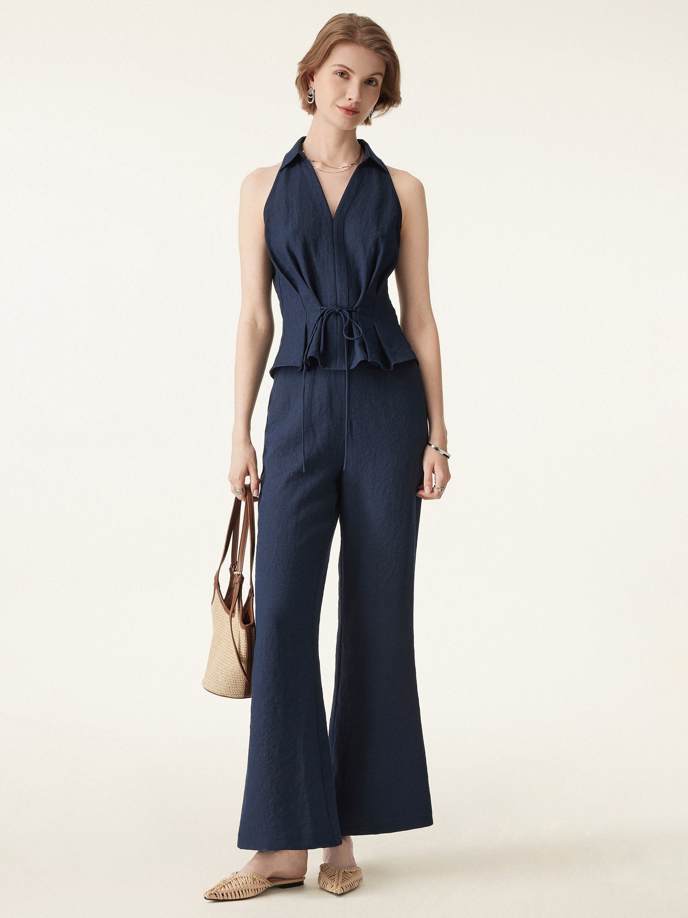2Pcs Set Collared V-neck Sleeveless Top & Mid Rise Flared Pant with Pockets