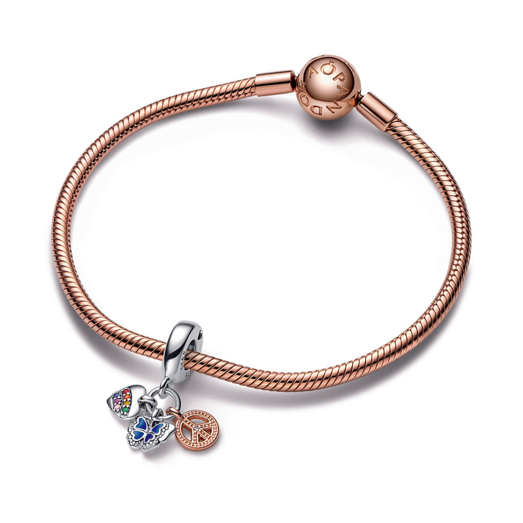 Two-Tone Rainbow Heart, Butterfly & Peace Triple Dangle Charm